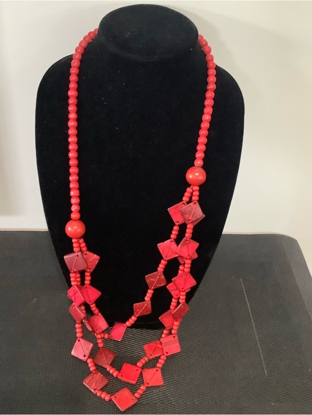 Red Multi-Strand Beaded Statement Necklace - Picture 2 of 5